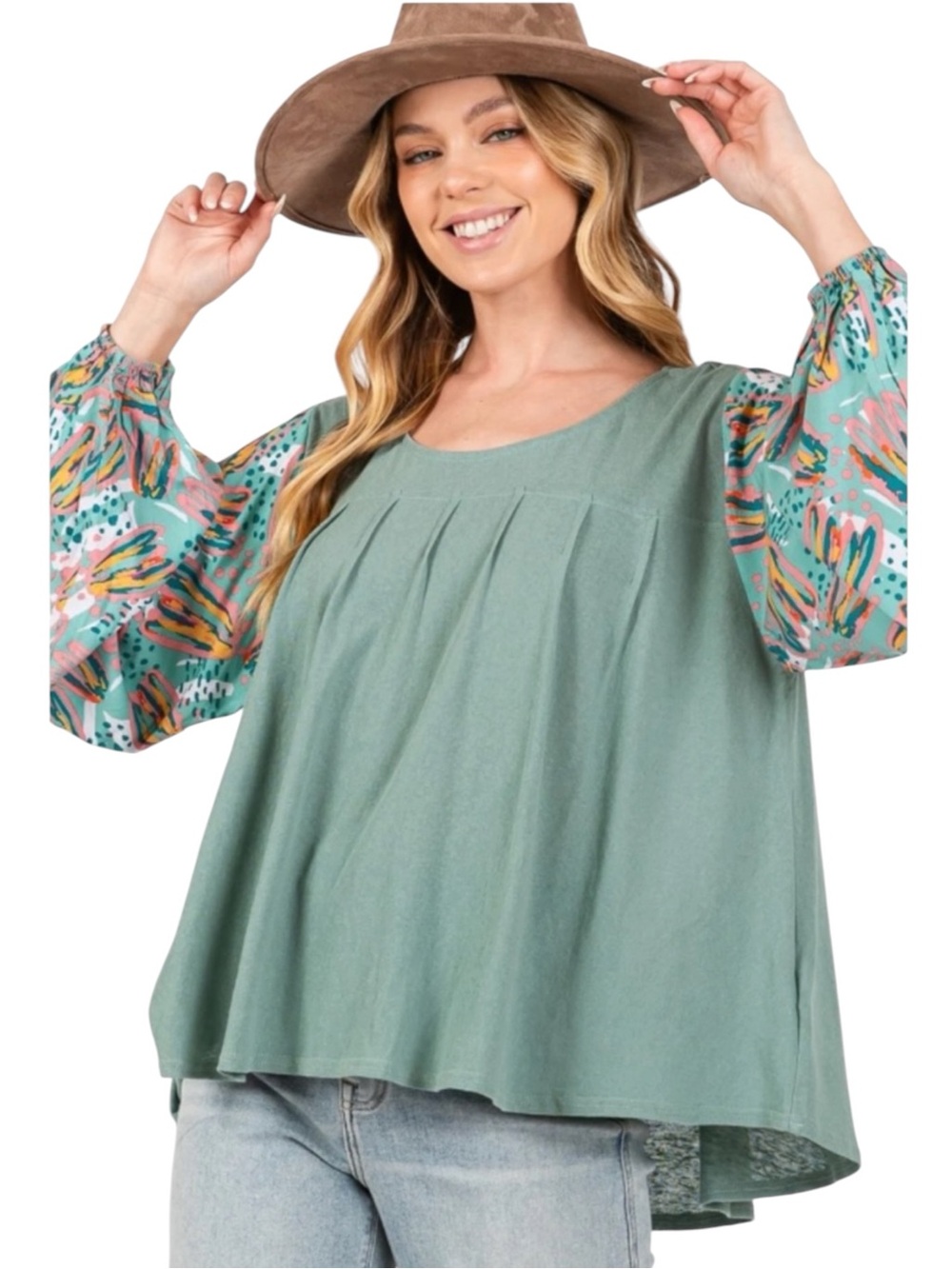 NWT Sage + Fig Pleated Front Balloon Sleeve Boho Top Sage Green M - Picture 3 of 9